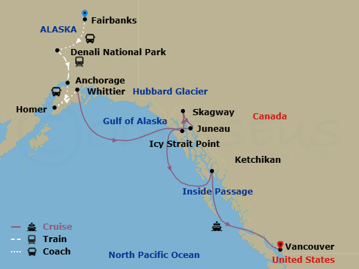 14 Night - Ultimate Denali Dhl - Tour Dhl - Westerdam Tours - Starting in Fairbanks, Denali National Park, Anchorage, Alaska, Homer, Alaska, Whittier, Alaska, Cruising Hubbard Glacier, Icy Strait Point, Alaska, Skagway, Alaska, Juneau, Alaska, Ketchikan, Alaska, Scenic Cruising the Inside Passage, Vancouver, BC, CA itinerary map