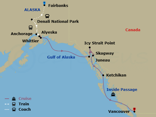 14 Night - Ultimate Denali Dal - Tour Dal - Westerdam Tours - Starting in Fairbanks, Denali National Park, Anchorage, Alaska, Alyeska, Whittier, Alaska, Cruising Hubbard Glacier, Icy Strait Point, Alaska, Skagway, Alaska, Juneau, Alaska, Ketchikan, Alaska, Scenic Cruising the Inside Passage, Vancouver, BC, CA itinerary map