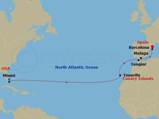 Resilient Lady - 14 Night - Spain & Morocco Transatlantic - Resilient Lady - Starting in Miami, Florida, Santa Cruz de Tenerife, Tangier, Morocco, Malaga, Spain, Barcelona, Sp.. itinerary map