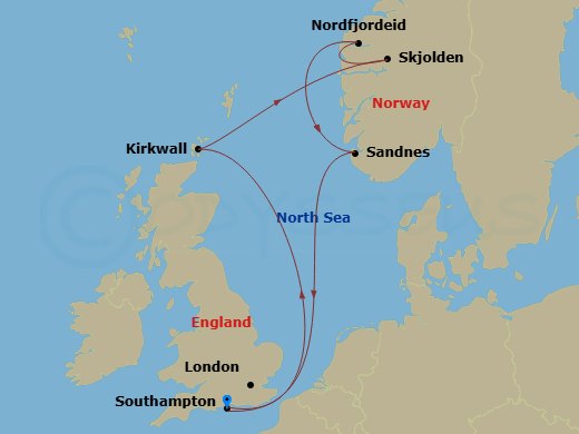 MSC Meraviglia - 7 Night - Northern Europe - MSC Meraviglia - Starting in Southampton (London), United Kingdom, Kirkwall (Orkney Islands), United Kingdom, Skjolden, Norway, No.. itinerary map