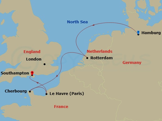 MSC Preziosa - 5 Night - Northern Europe - MSC Preziosa - Starting in Hamburg, Germany, Rotterdam (Amsterdam), Netherlands, Cherbourg (Mont Saint-Michel), France, Le Havre (.. itinerary map
