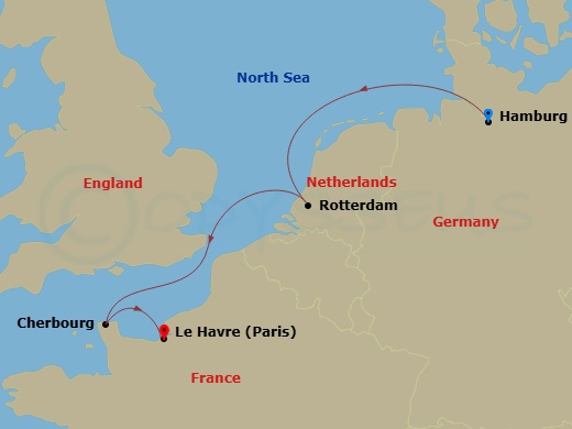 MSC Preziosa - 4 Night - Northern Europe - MSC Preziosa - Starting in Hamburg, Germany, Rotterdam (Amsterdam), Netherlands, Cherbourg (Mont Saint-Michel), France, Le Havre (.. itinerary map