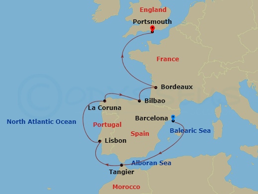 Valiant Lady - 10 Night - Moroccan Marvels & Mediterranean Wonders - Valiant Lady - Starting in Barcelona, Spain, Tangier, Morocco, Lisbon, Portugal, La Coruna, Spain, Bilba.. itinerary map