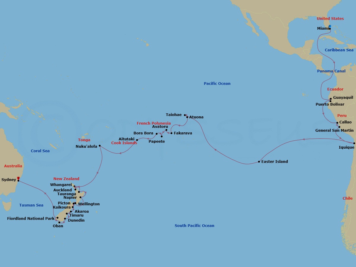 62 Night - World Cruise : Panama Canal, Polynesia & New Zealand - Seabourn Quest - Starting in Miami, Florida, Enter Panama Canal Cristobal, Cruising Panama Canal, Exit Panama Canal Balboa, Crossing the Equator, Guayaquil (Quito), Ecuador, Puerto Bolivar (Machala), Ecuador, Callao (Lima), Peru, General San Martin (Pisco), Peru, Iquique, Chile, Easter Island, Chile, Taiohae, Nuku Hiva, French Polynesia, Atuona, Hiva Oa, French Polynesia, Fakarava, Tuamotu, French Polynesia, Avatoru, Rangiroa, French Polynesia, Papeete, French Polynesia, Bahia d Opunoha, Moorea, French Polynesia, Bora Bora, French Polynesia, Aitutaki, Cook Islands, Cross International Dateline, Nuku Alofa, Tonga, Whangarei, New Zealand, Auckland, New Zealand, Tauranga (Rotorua), New Zealand, Napier, New Zealand, Wellington, New Zealand, Picton, New Zealand, Kaikoura, New Zealand, Akaroa (Christchurch), New Zealand, Timaru, New Zealand, Port Chalmers (Dunedin), New Zealand, Oban NZ, Stewart Island, New Zealand, Cruising Fiordland Natl Park itinerary map