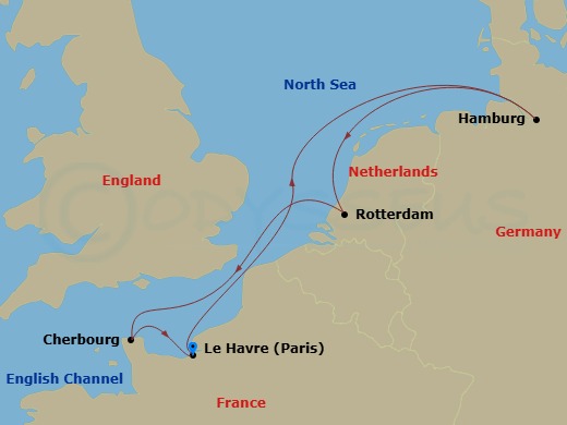 MSC Preziosa - 6 Night - Northern Europe - MSC Preziosa - Starting in Le Havre (Paris), France, Hamburg, Germany, Rotterdam (Amsterdam), Netherlands, Cherbourg (Mont Saint-M.. itinerary map