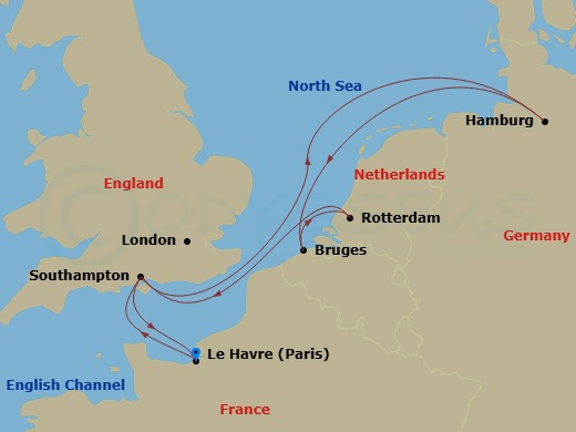 MSC Preziosa - 8 Night - Northern Europe - MSC Preziosa - Starting in Le Havre (Paris), France, Southampton (London), United Kingdom, Hamburg, Germany, Zeebrugge (Bruges), B.. itinerary map