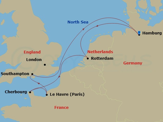 MSC Preziosa - 7 Night - Northern Europe - MSC Preziosa - Starting in Hamburg, Germany, Rotterdam (Amsterdam), Netherlands, Cherbourg (Mont Saint-Michel), France, Le Havre (.. itinerary map