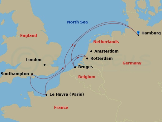 MSC Preziosa - 7 Night - Northern Europe - MSC Preziosa - Starting in Hamburg, Germany, Zeebrugge (Bruges), Belgium, Rotterdam (Amsterdam), Netherlands, Southampton (London).. itinerary map