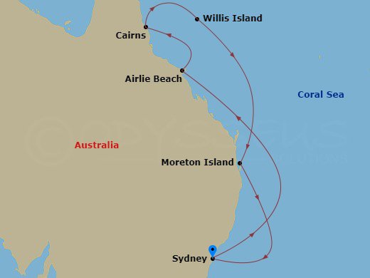Carnival Adventure - 9 Night - Great Barrier Reef - Carnival Adventure - Starting in Sydney AU (White Bay), Australia, Airlie Beach, Australia, Cairns, Australia, Willis Island, M.. itinerary map