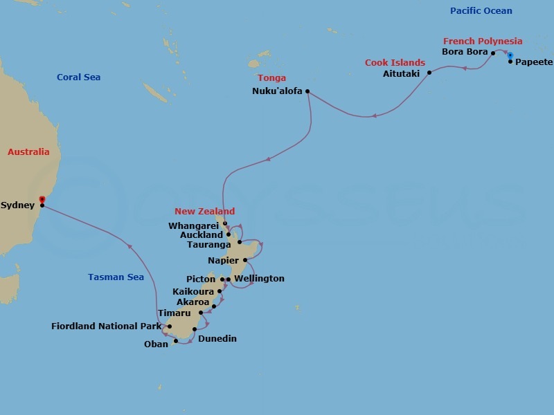 27 Night - World Cruise : South Pacific Isles & New Zealand - Seabourn Quest - Starting in Papeete, French Polynesia, Bahia d Opunoha, Moorea, French Polynesia, Bora Bora, French Polynesia, Aitutaki, Cook Islands, Cross International Dateline, Nuku Alofa, Tonga, Whangarei, New Zealand, Auckland, New Zealand, Tauranga (Rotorua), New Zealand, Napier, New Zealand, Wellington, New Zealand, Picton, New Zealand, Kaikoura, New Zealand, Akaroa (Christchurch), New Zealand, Timaru, New Zealand, Port Chalmers (Dunedin), New Zealand, Oban NZ, Stewart Island, New Zealand, Cruising Fiordland Natl Park itinerary map