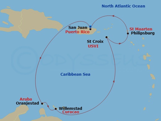Valiant Lady - 7 Night - Valiant Valentine's Voyage - Valiant Lady - Starting in San Juan, Puerto Rico, Oranjestad, Aruba, Willemstad AN, Curacao, St Croix, US Virgin Island.. itinerary map