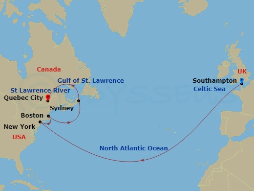 Queen Mary 2 - 15 Night - Transatlantic Crossing, New England and Canada - Queen Mary 2 - Starting in Southampton, England, UK, New York, NY, Boston, MA, Sydney NS, Canada,.. itinerary map