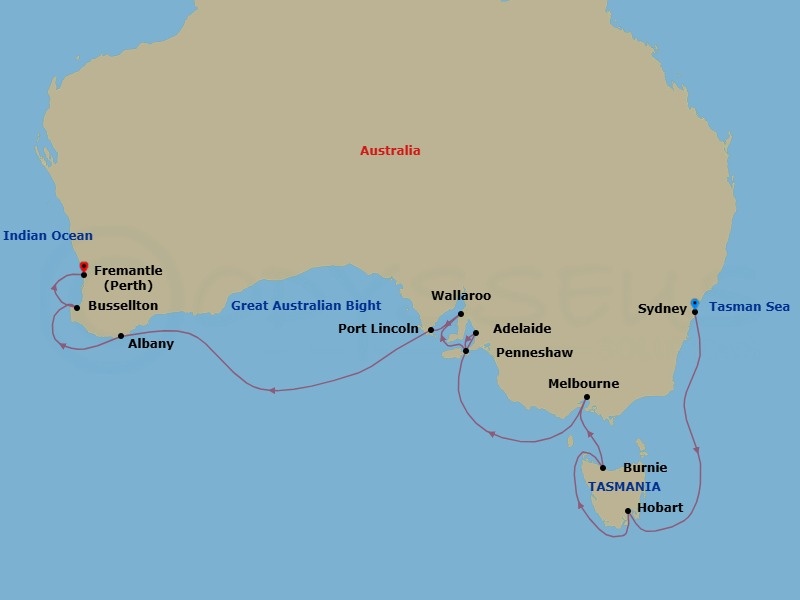 17 Night - World Cruise : Australia Explorer - Seabourn Quest - Starting in Sydney AU, Hobart, Tasmania, Australia, Burnie, Tasmania, Australia, Melbourne, Australia, Adelaide, South Australia, Australia, Penneshaw, Kangaroo Island, Australia, Wallaroo, South Australia, Australia, Port Lincoln, South Australia, Australia, Albany AU, Busselton, Australia, Fremantle (Perth), Australia itinerary map