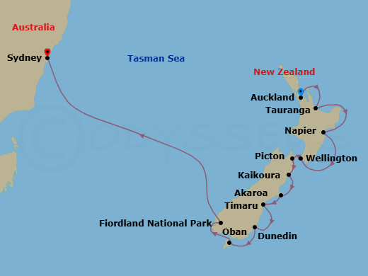 15 Night - World Cruise : New Zealand Explorer - Seabourn Quest - Starting in Auckland, New Zealand, Tauranga (Rotorua), New Zealand, Napier, New Zealand, Wellington, New Zealand, Picton, New Zealand, Kaikoura, New Zealand, Akaroa (Christchurch), New Zealand, Timaru, New Zealand, Port Chalmers (Dunedin), New Zealand, Oban NZ, Stewart Island, New Zealand, Cruising Fiordland Natl Park, Sydney AU itinerary map