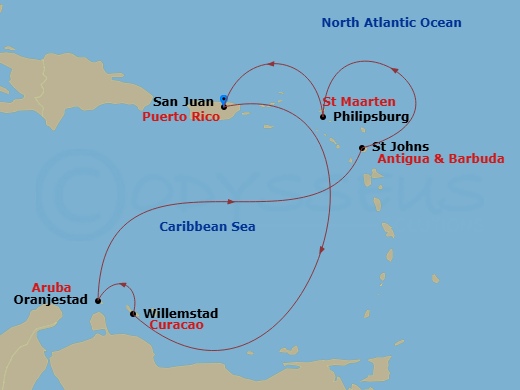 Valiant Lady - 7 Night - Colorful CuraaAo, Aruba & Antigua - Valiant Lady - Starting in San Juan, Puerto Rico, Willemstad AN, Curacao, Oranjestad, Aruba, St Johns AG, Antigu.. itinerary map