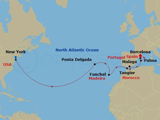14 Night - New York Transatlantic to Spain - Valiant Lady - Starting in New York, Ponta Delgada, Azores, Portugal, Funchal, Madeira, Portugal, Tangier, Morocco, Malaga, Spain, Palma De Mallorca, Spain, Barcelona, Spain itinerary map