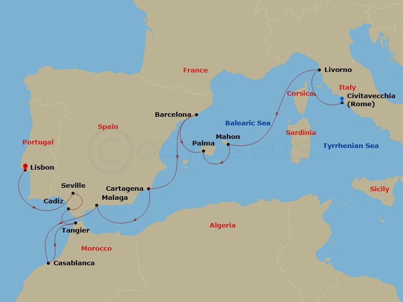 Azamara Onward - 17 Night - Mediterranean & Iberian New Year Cruise : Italy, Spain & Morocco - Azamara Onward - Starting in Rome (Civitavecchia), Florence / Pisa (Livorno), Ma.. itinerary map
