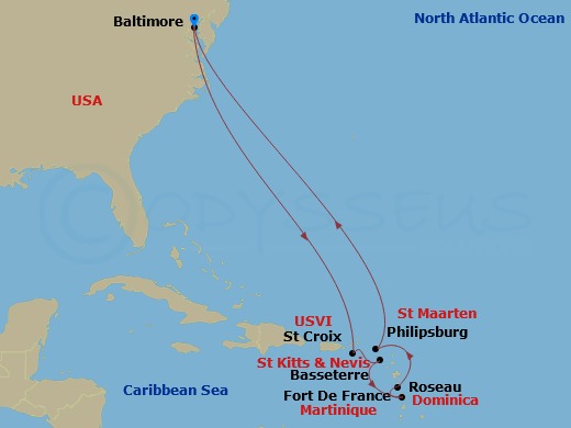 RCL Vision of the Seas - 12 Night - Southern Caribbean Cruise - RCL Vision of the Seas - Starting in Baltimore, Maryland, St Croix, US Virgin Islands, Basseterre, St Kitts and Nevis,.. itinerary map