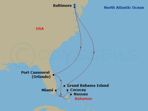 RCL Vision of the Seas - 9 Night - Bahamas & Perfect Day Cruise - RCL Vision of the Seas - Starting in Baltimore, Maryland, Orlando (Port Canaveral), Fl, Miami, Florida, Perfect Day C.. itinerary map