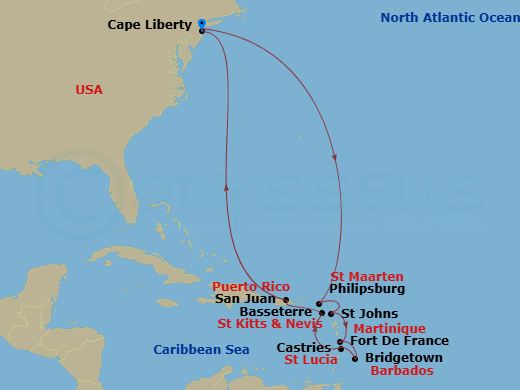 RCL Odyssey of the Seas - 14 Night - Southern Caribbean Cruise - RCL Odyssey of the Seas - Starting in Cape Liberty, Nj (Ny Metro), Philipsburg, St Maarten, St Johns AG, Antigua, Fort-.. itinerary map