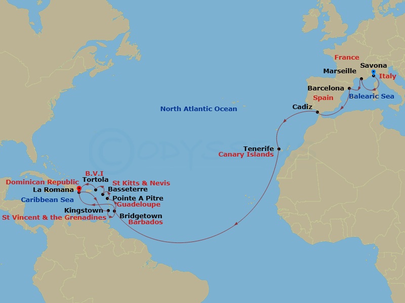 Costa Pacifica - 22 Night - Caribbean from Savona to La Romana - Costa Pacifica - Starting in Savona, Marseille, Barcelona, Cadice, Santa Cruz de Tenerife, Bridgetown, Barbado.. itinerary map