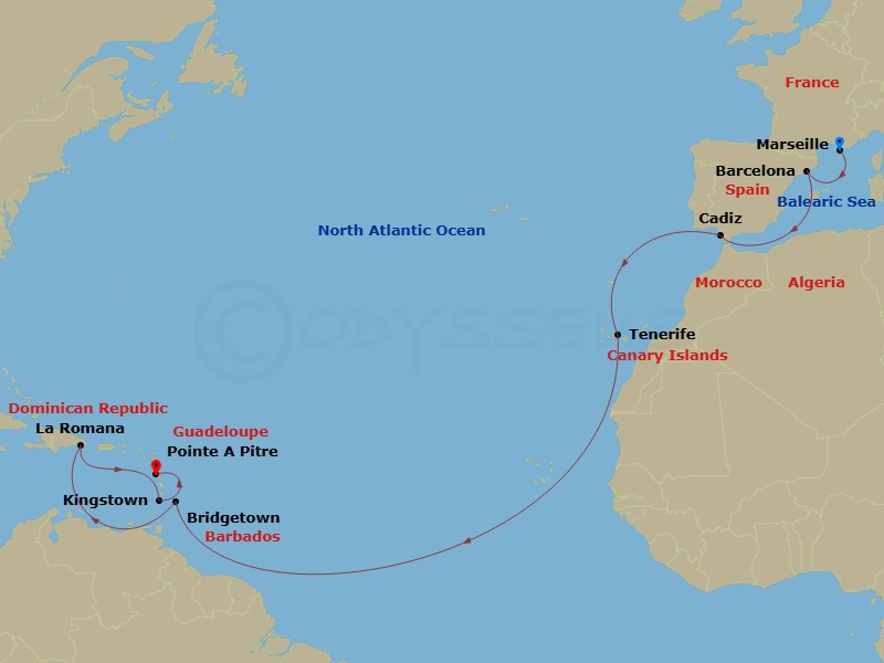 Costa Pacifica - 18 Night - Europe from Marseille to Pointe a Pitre - Costa Pacifica - Starting in Marseille, Barcelona, Cadice, Santa Cruz de Tenerife, Bridgetown, Barbados,.. itinerary map