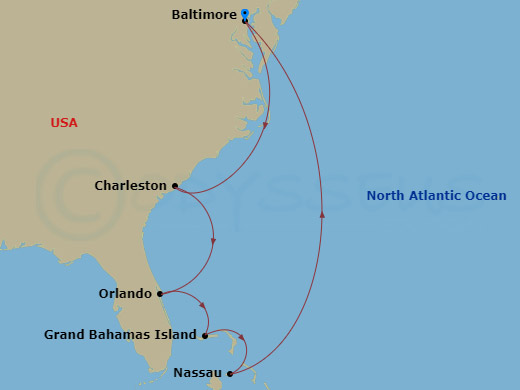 RCL Vision of the Seas - 8 Night - Southeast Coast & Bahamas - RCL Vision of the Seas - Starting in Baltimore, Maryland, Charleston, South Carolina, Orlando (Port Canaveral), Fl, Gran.. itinerary map