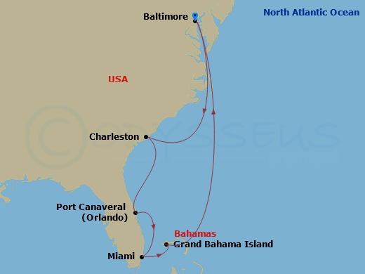 RCL Vision of the Seas - 8 Night - Southeast Coast & Bahamas - RCL Vision of the Seas - Starting in Baltimore, Maryland, Charleston, South Carolina, Orlando (Port Canaveral), Fl, Miam.. itinerary map