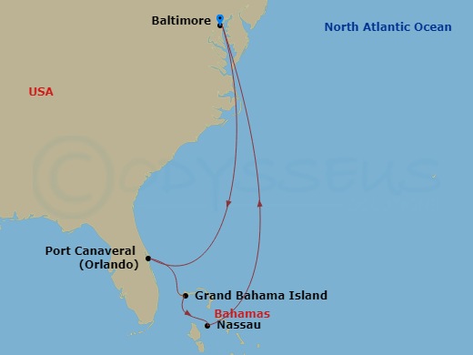 RCL Vision of the Seas - 8 Night - Southeast Coast & Bahamas - RCL Vision of the Seas - Starting in Baltimore, Maryland, Orlando (Port Canaveral), Fl, Grand Bahama Island, Bahamas, Na.. itinerary map