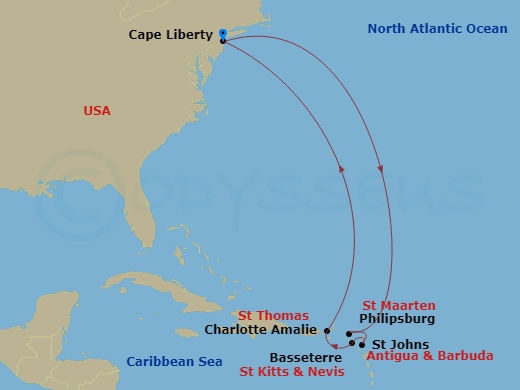 RCL Odyssey of the Seas - 11 Night - Eastern Caribbean Cruise - RCL Odyssey of the Seas - Starting in Cape Liberty, Nj (Ny Metro), Philipsburg, St Maarten, St Johns AG, Antigua, Basset.. itinerary map