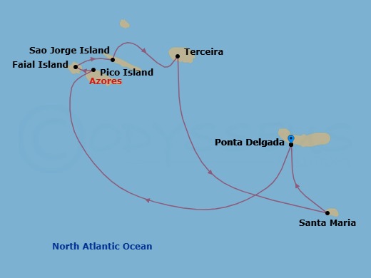 7 Night - Islands of the Azores : Basalt Peaks to Volcanic Vineyards - National Geographic Orion - Starting in Ponta Delgada, Azores, Portugal / Embark Ship, Pico / Faial, Faial, Sao Jorge, Terceira, Santa Maria, Ponta Delgada, Ponta Delgada / Disembark Ship itinerary map