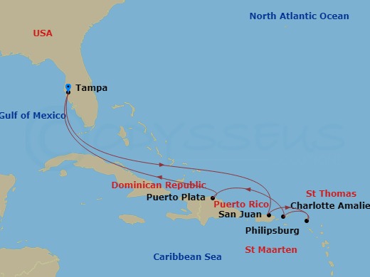 RCL Jewel of the Seas - 9 Night - Eastern Caribbean Cruise - RCL Jewel of the Seas - Starting in Tampa, Florida, San Juan, Puerto Rico, Philipsburg, St Maarten, Charlotte Amalie, St.. itinerary map