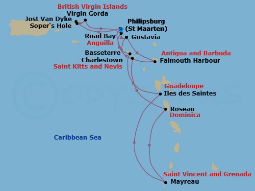 14 Night - Star Collector : Caribbean Explorations - Wind Surf - Starting in Philipsburg, St Maarten, Gustavia, Falmouth Harbour, Road Bay, Sopers Hole, Jost Van Dyke, Great Harbour, Virgin Gorda / Prickly Pear, British Virgin Islands, Philipsburg, St Maarten, Gustavia, Charlestown, Roseau, Mayreau, Les Saintes, Basseterre, Philipsburg, St Maarten itinerary map