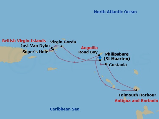 7 Night - Beach Fun & Sun : a Remote Caribbean Getaway - Wind Surf - Starting in Philipsburg, St Maarten, Gustavia, Falmouth Harbour, Road Bay, Sopers Hole, Jost Van Dyke, Great Harbour, Virgin Gorda / Prickly Pear, British Virgin Islands, Philipsburg, St Maarten itinerary map