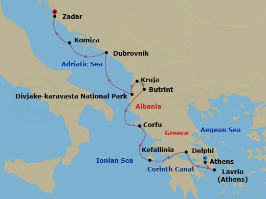 7 Night - Ancient Mediterranean : Exploring Greece, Croatia and Albania - National Geographic Orion - Starting in Athens, Greece / Lavrio / Embark Ship, Corinth Canal / Delphi, Cephalonia, Corfu / Butrint, Albania, Kruje / Divjake-Karavasta National Park, Dubrovnik, Croatia, Komiza, Vis Island, Zadar / Disembark Ship itinerary map