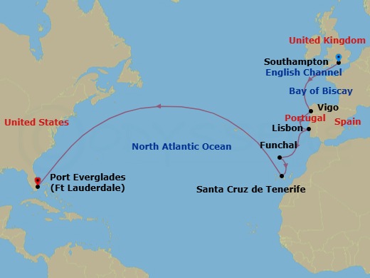 15 Night - Spain & Portugal Passage - Sky Princess - Starting in Southampton (for London), England, Vigo, Spain (for Santiago de Compostela), Lisbon, Portugal, Madeira (Funchal), Portugal, Santa Cruz de Tenerife, Fort Lauderdale, Florida itinerary map