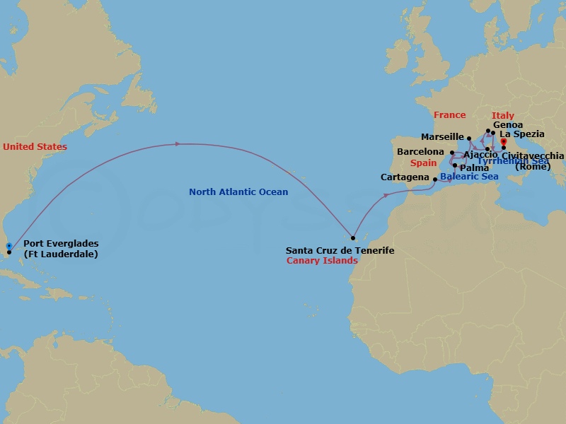21 Night - Mediterranean Grand Adventure - Sun Princess - Starting in Fort Lauderdale, Florida, Santa Cruz de Tenerife, Cartagena ES, Mallorca (Palma), Spain, Barcelona, Spain, Mallorca (Palma), Spain, Marseille (Provence), France, Corsica (Ajaccio), France, Genoa (for Cinque Terre), Italy, La Spezia (for Florence / Pisa), Italy, Civitavecchia (for Rome), Italy itinerary map