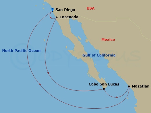 RCL Serenade of the Seas - 7 Night - Ensenada, Cabo & Mazatlan Cruise - RCL Serenade of the Seas - Starting in San Diego, California, Ensenada, Mexico, Cabo San Lucas, Mexico, Mazatlan,.. itinerary map