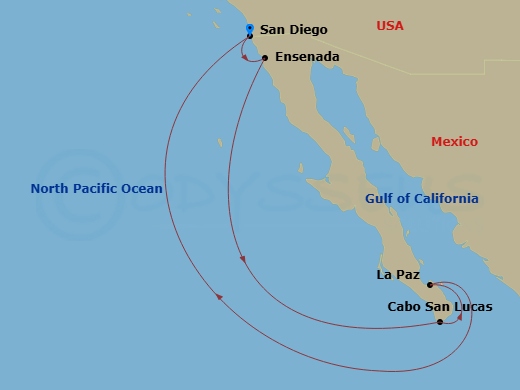 RCL Serenade of the Seas - 7 Night - Ensenada, Cabo & La Paz Cruise - RCL Serenade of the Seas - Starting in San Diego, California, Ensenada, Mexico, Cabo San Lucas, Mexico, La Paz, Mex.. itinerary map