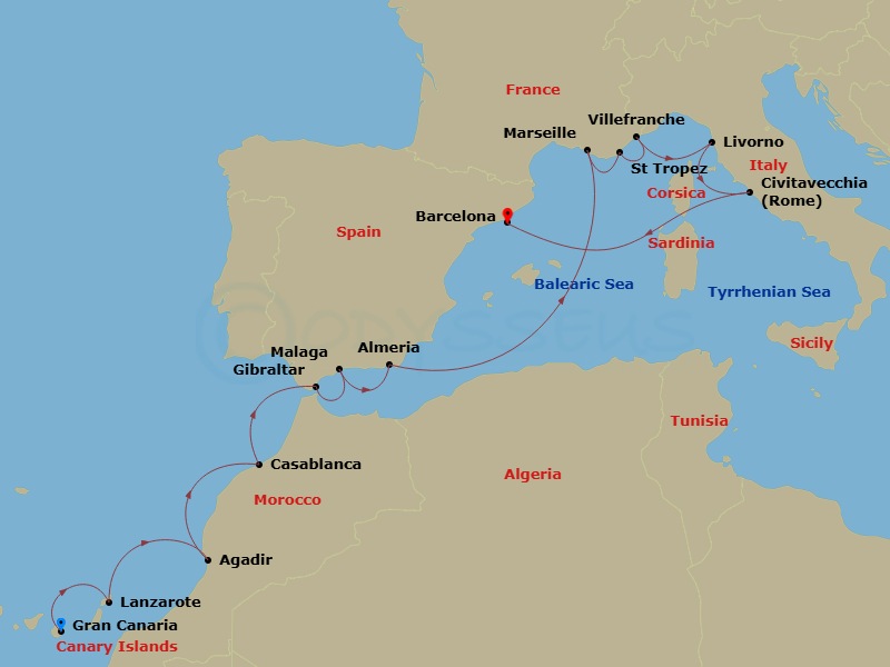 Azamara Onward - 14 Night - Grand Prix Cruise : Malaga, Marseille & Rome - Azamara Onward - Starting in Gran Canaria, Canary Islands, Lanzarote, Canary Islands, Agadir, Casabl.. itinerary map