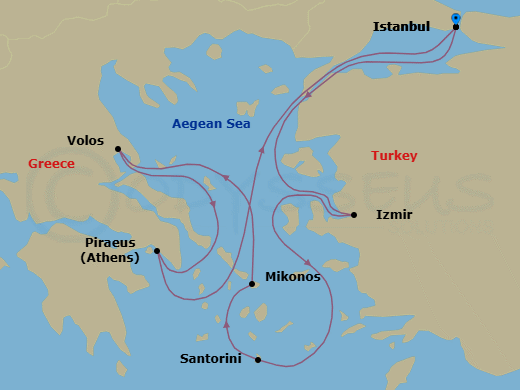 7 Night - Eastern Mediterranean from Istanbul - Costa Fortuna - Starting in Istanbul, Izmir, Santorini, Mykonos, Volos, Athens (Piraeus), Istanbul itinerary map