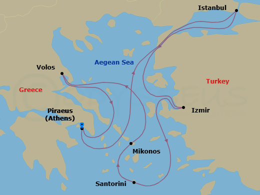 7 Night - Eastern Mediterranean from Athens (Pireo) - Costa Fortuna - Starting in Athens (Piraeus), Istanbul, Izmir, Santorini, Mykonos, Volos, Athens (Piraeus) itinerary map
