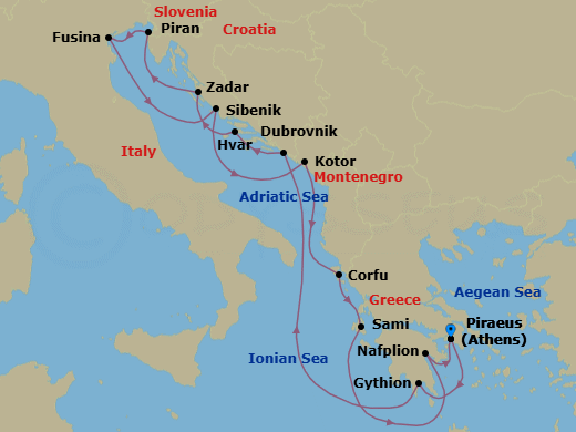 14 Night - Adriatic & Grecian Gems - Seabourn Quest - Starting in Piraeus (Athens), Greece, Gythion (Sparta), Greece, Dubrovnik, Croatia, Hvar, Croatia, Zadar, Croatia, Piran, Slovenia, Fusina (Venice), Italy, Vodice (Sibenik), Croatia, Kotor, Montenegro, Scenic cruising Bay of Kotor, Corfu, Greece, Sami, Cephalonia, Greece, Nafplion, Greece, Piraeus (Athens), Greece itinerary map