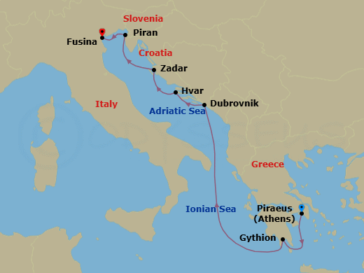 7 Night - Adriatic & Grecian Gems - Seabourn Quest - Starting in Piraeus (Athens), Greece, Gythion (Sparta), Greece, Dubrovnik, Croatia, Hvar, Croatia, Zadar, Croatia, Piran, Slovenia, Fusina (Venice), Italy itinerary map