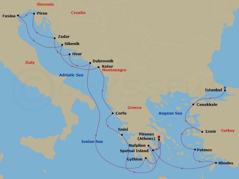 21 Night - Jewels of the Adriatic & Aegean - Seabourn Quest - Starting in Istanbul, Turkey, Canakkale, Turkey, Izmir, Turkey, Patmos, Greece, Rhodes, Greece, Spetses, Greece, Piraeus (Athens), Greece, Gythion (Sparta), Greece, Dubrovnik, Croatia, Hvar, Croatia, Zadar, Croatia, Piran, Slovenia, Fusina (Venice), Italy, Vodice (Sibenik), Croatia, Kotor, Montenegro, Scenic cruising Bay of Kotor, Corfu, Greece, Sami, Cephalonia, Greece, Nafplion, Greece, Piraeus (Athens), Greece itinerary map