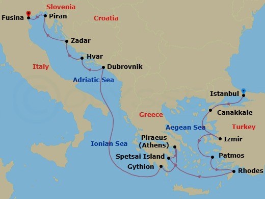 14 Night - Jewels of the Adriatic & Aegean - Seabourn Quest - Starting in Istanbul, Turkey, Canakkale, Turkey, Izmir, Turkey, Patmos, Greece, Rhodes, Greece, Spetses, Greece, Piraeus (Athens), Greece, Gythion (Sparta), Greece, Dubrovnik, Croatia, Hvar, Croatia, Zadar, Croatia, Piran, Slovenia, Fusina (Venice), Italy itinerary map