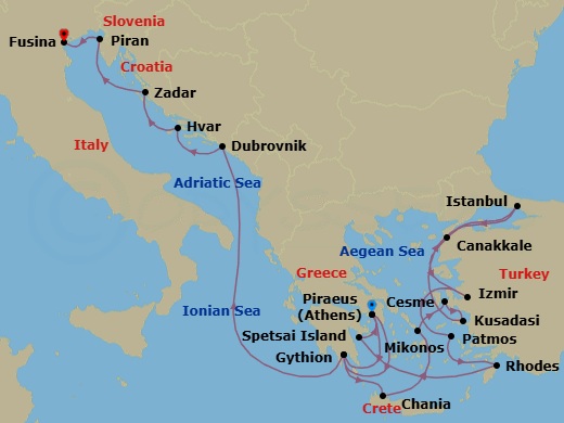 21 Night - Treasures of the Greek Isles, Adriatic & Ephesus - Seabourn Quest - Starting in Piraeus (Athens), Greece, Gythion (Sparta), Greece, Chania, Crete, Greece, Mykonos, Greece, Cesme, Turkey, Kusadasi (Ephesus), Turkey, Istanbul, Turkey, Canakkale, Turkey, Izmir, Turkey, Patmos, Greece, Rhodes, Greece, Spetses, Greece, Piraeus (Athens), Greece, Gythion (Sparta), Greece, Dubrovnik, Croatia, Hvar, Croatia, Zadar, Croatia, Piran, Slovenia, Fusina (Venice), Italy itinerary map