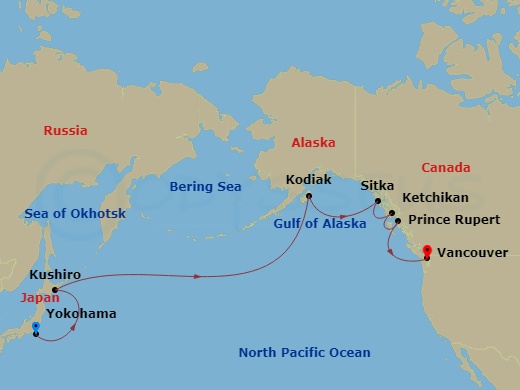 HAL Westerdam - 14 Night - North Pacific Crossing - HAL Westerdam - Starting in Yokohama (Tokyo), Japan, Kushiro, Japan, Cross International Dateline, Kodiak, Alaska, Sitka,.. itinerary map