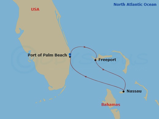 Margaritaville Paradise - 4 Night - Bahamas Duo - Margaritaville Paradise - Starting in Port of Palm Beach, Freeport, Grand Bahama, Nassau, Bahamas, Port of Palm Beach itinerary map