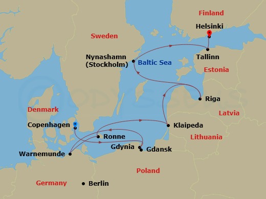 NCL Norwegian Jewel Cruise Tours - 12 Night - Pre Cruisetour Classic and Modern Copehagen - NCL Norwegian Jewel Cruise Tours - Starting in At Hotel, Copenhagen, Denmark, Gdynia / Gdansk, Poland.. itinerary map